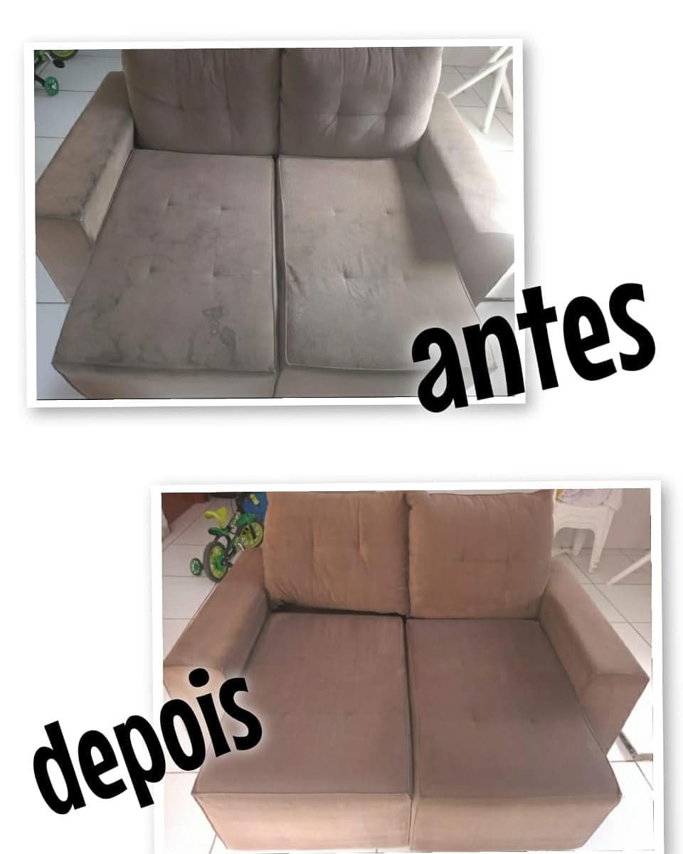 Sofá bege castanho antes e depois com manchas escuras removidas